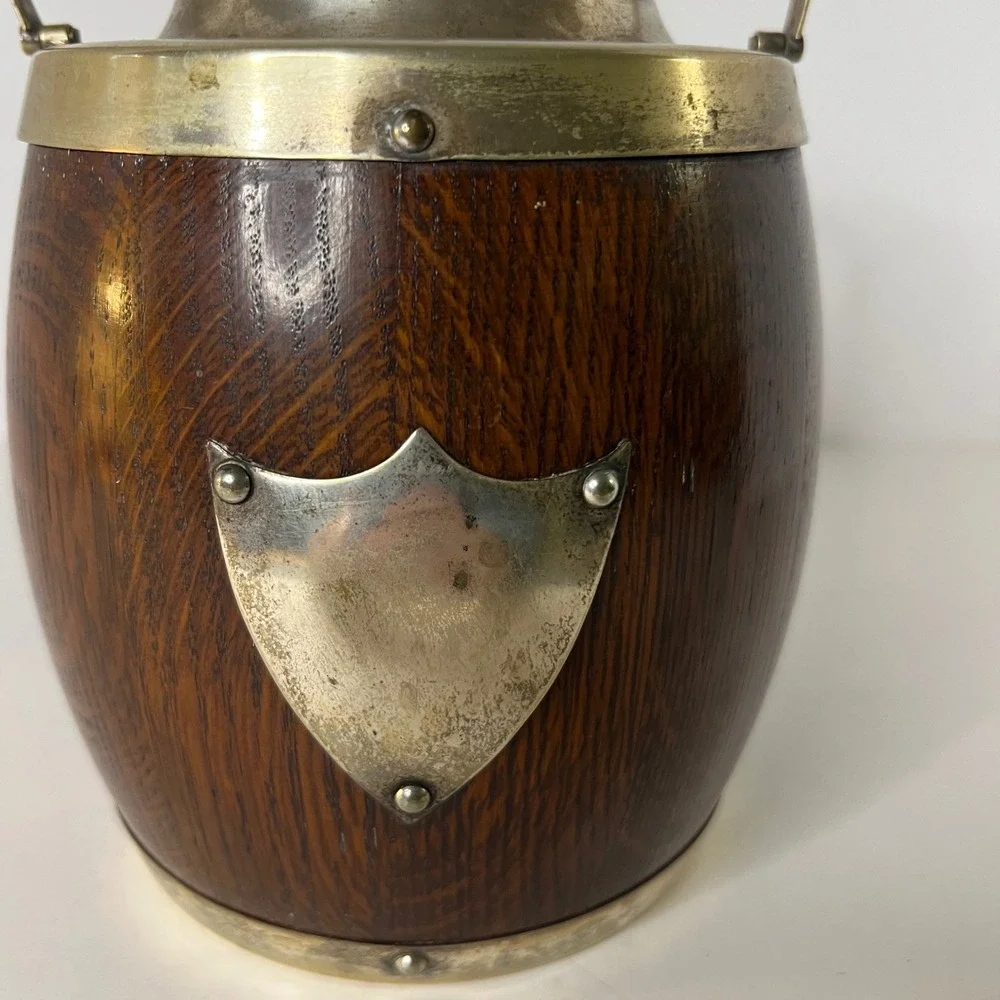 Antique English Oak & Silverplate EPNS Biscuit Barrel Lid‎ Handle Flaw